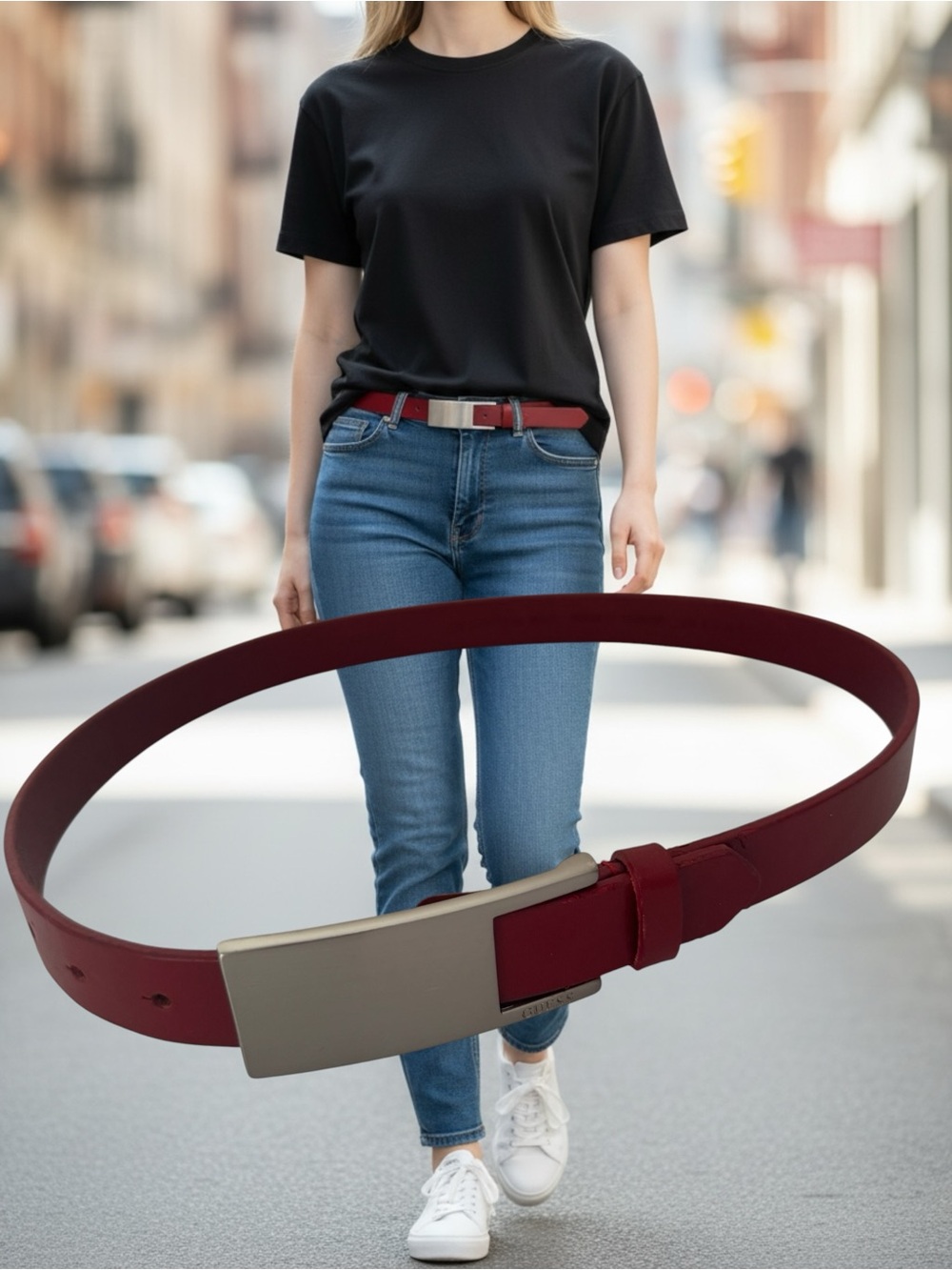 Guess Y2K Vintage Schoolhouse Red Leather Belt with 1” Nickel Prong Buckle SZ M